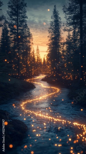 A flowing river winding through a dense forest, with glowing arrows made of light following the river's path, representing the flow of trends. The background features tall trees and a glowing suns