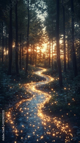 A flowing river winding through a dense forest, with glowing arrows made of light following the river's path, representing the flow of trends. The background features tall trees and a glowing suns