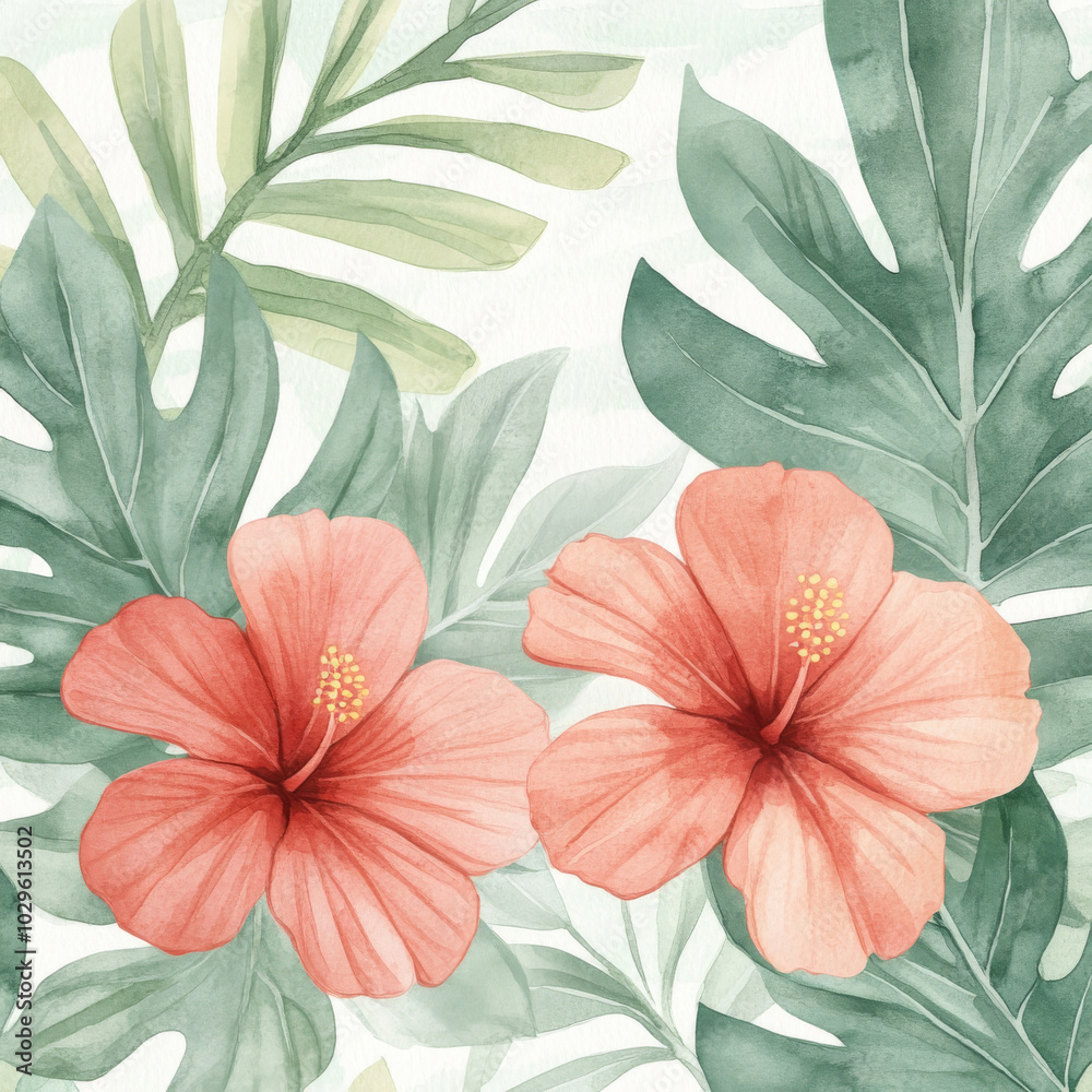 A seamless pattern featuring red hibiscus flowers and green tropical leaves. Perfect for summer-themed designs, textiles, and wallpapers.