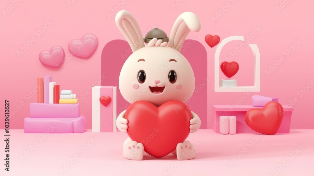 A Cute Baby Rabbit Holds a Large Heart Surrounded by Pink Decorations and Books in a Cozy Space. Generative AI A Cute Baby Rabbit Holds a Large Heart Surrounded by Pink Decorations and Books in a Cozy Space. Generative AI