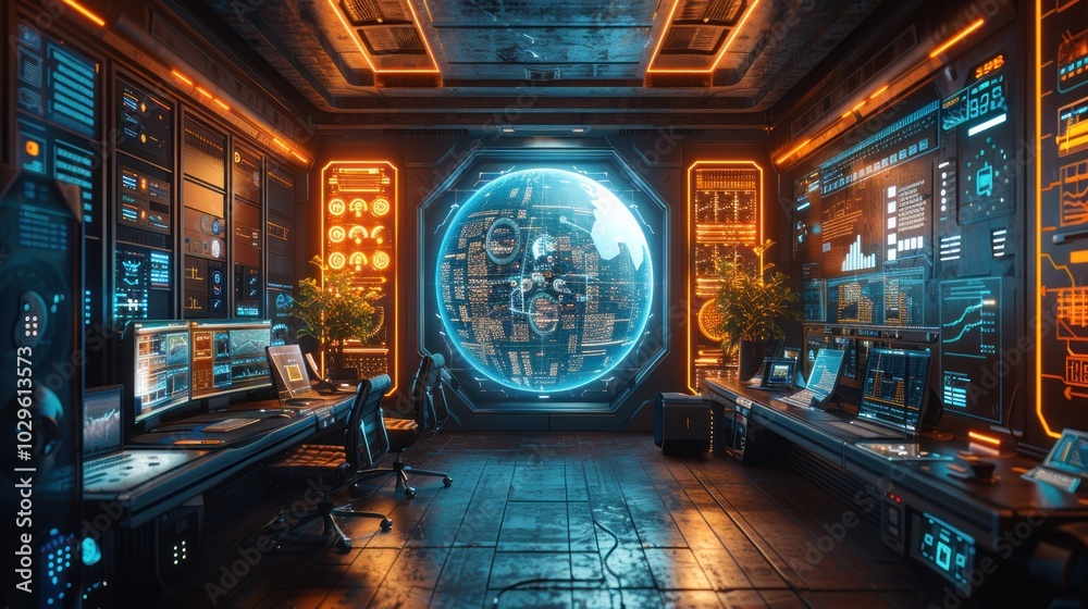 Obraz premium Futuristic Control Room with Earth Globe