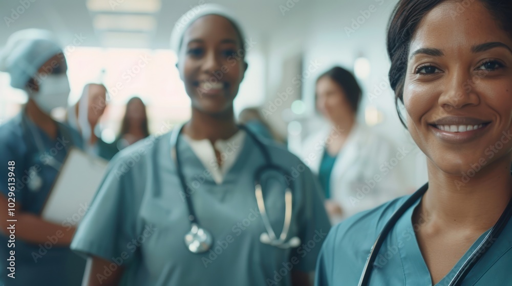 Diverse team of cheerful medical professionals posing with arms crossed while collaborating in a healthcare setting Diverse team of cheerful medical professionals posing with arms crossed while collaborating in a healthcare setting