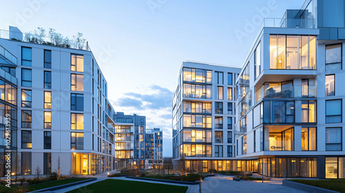 a contemporary apartment complex with glass and steel exterior, warm lighting from interior spaces, and rooftop garden