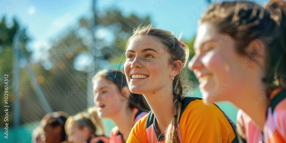 Obraz premium Coaching session on the court with women spectators cheering for the female athletes during a netball match, highlighting teamwork, support, and excitement for the competition