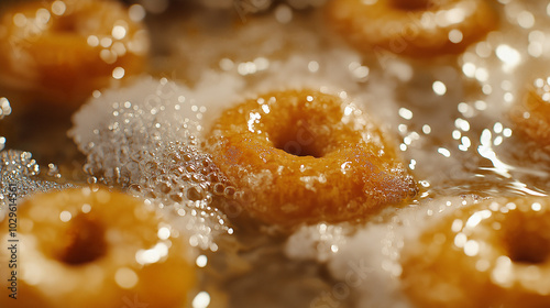 a close-up view of several donuts frying in hot, bubbling oil