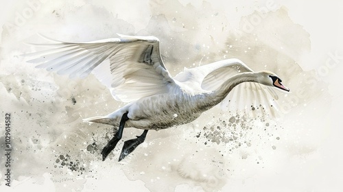 Fototapeta Naklejka Na Ścianę i Meble -  Watercolor painting of a white swan in flight with splattered background