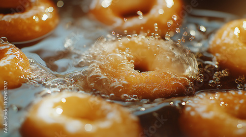 a close-up view of several donuts frying in hot, bubbling oil