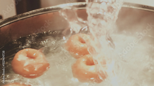 a close-up view of several donuts frying in hot, bubbling oil