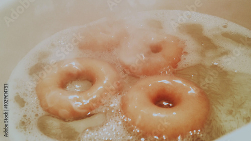a close-up view of several donuts frying in hot, bubbling oil