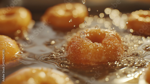 a close-up view of several donuts frying in hot, bubbling oil