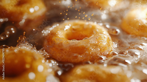 a close-up view of several donuts frying in hot, bubbling oil