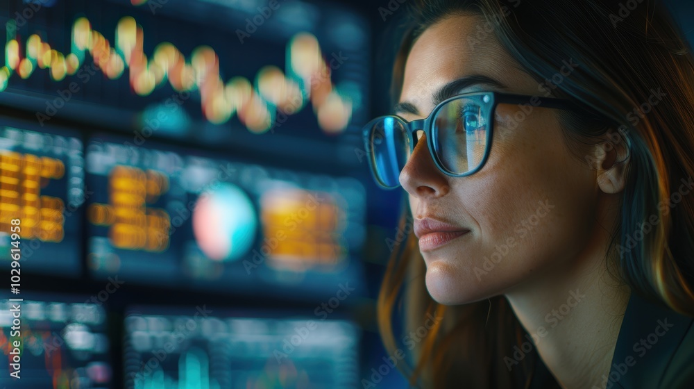 Individual wearing glasses working on a computer for cryptocurrency analysis and trading, surrounded by graphs, charts, and investment software Individual wearing glasses working on a computer for cryptocurrency analysis and trading, surrounded by graphs, charts, and investment software