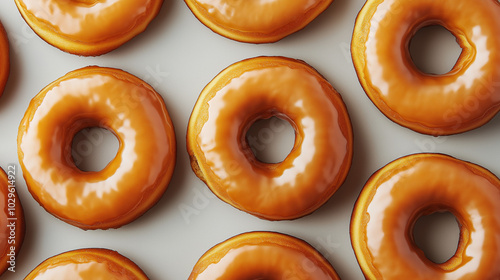 a dozen donuts with a golden, crispy texture arranged close-up on a smooth, light background