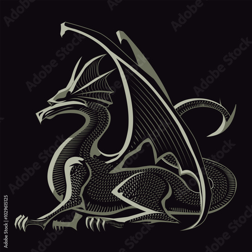 Dragon in the form of a stylized image on a black background. heraldic style. coat of arms, medieval mythological griffin. hydra. Flat color. vector