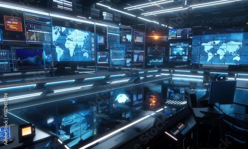 Wallpaper Mural A modern digital news studio with screens displaying data and graphics. Torontodigital.ca