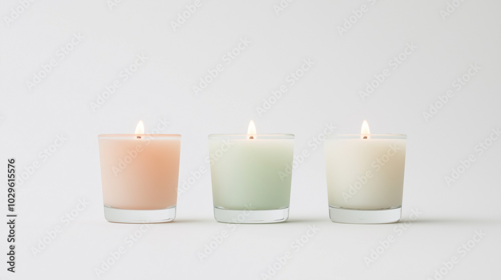 a front view of three candles placed upright and spaced equally in the center of a white background