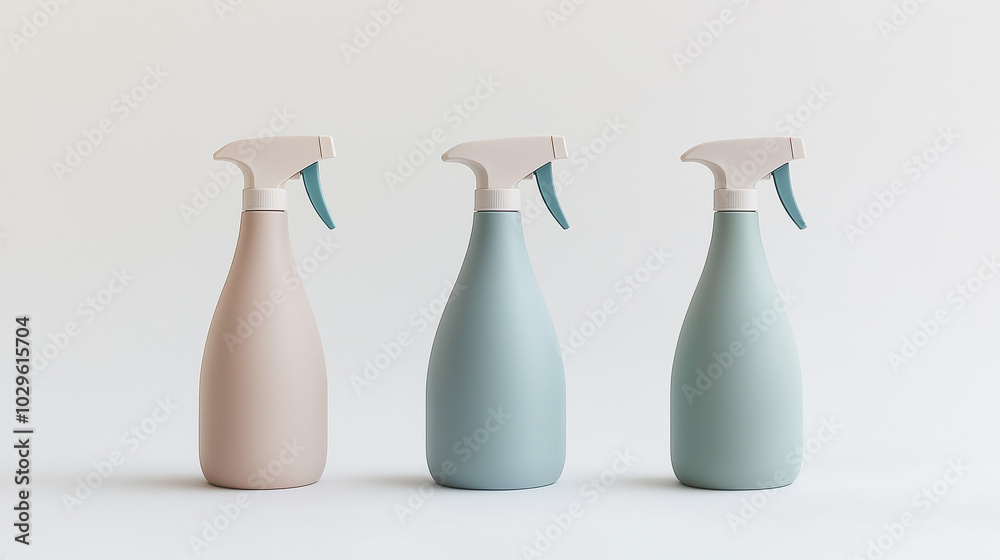 a front view of three cleaning spray bottles placed upright and spaced equally in the center of a white background a front view of three cleaning spray bottles placed upright and spaced equally in the center of a white background