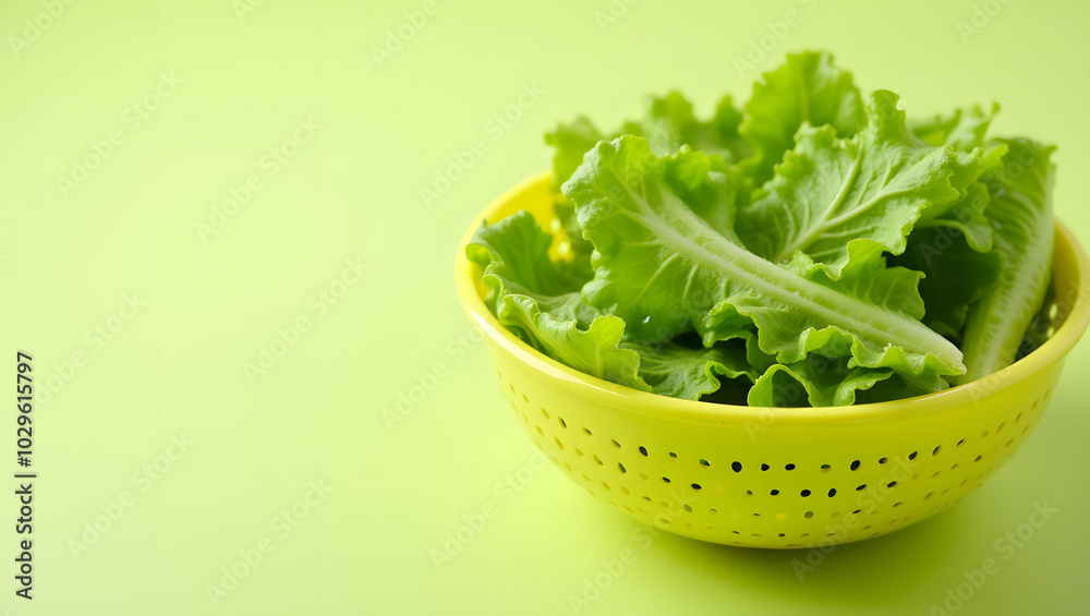A bright plastic colander filled with freshly washed lettuce leaves, with water droplets glistening on the surface, capturing freshness and cleanliness A bright plastic colander filled with freshly washed lettuce leaves, with water droplets glistening on the surface, capturing freshness and cleanliness