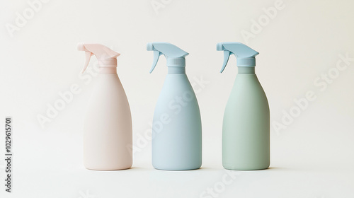 a front view of three cleaning spray bottles placed upright and spaced equally in the center of a white background