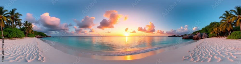 360 degree Tropical Beach at Sunset, 360 degree photo. HDRI spherical panorama. 360 degree Tropical Beach at Sunset, 360 degree photo. HDRI spherical panorama.