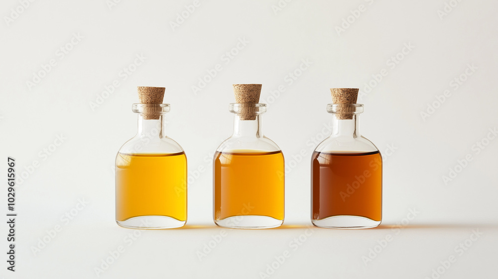 a front view of three glass bottles containing essential oils placed upright and spaced equally in the center of a white background a front view of three glass bottles containing essential oils placed upright and spaced equally in the center of a white background