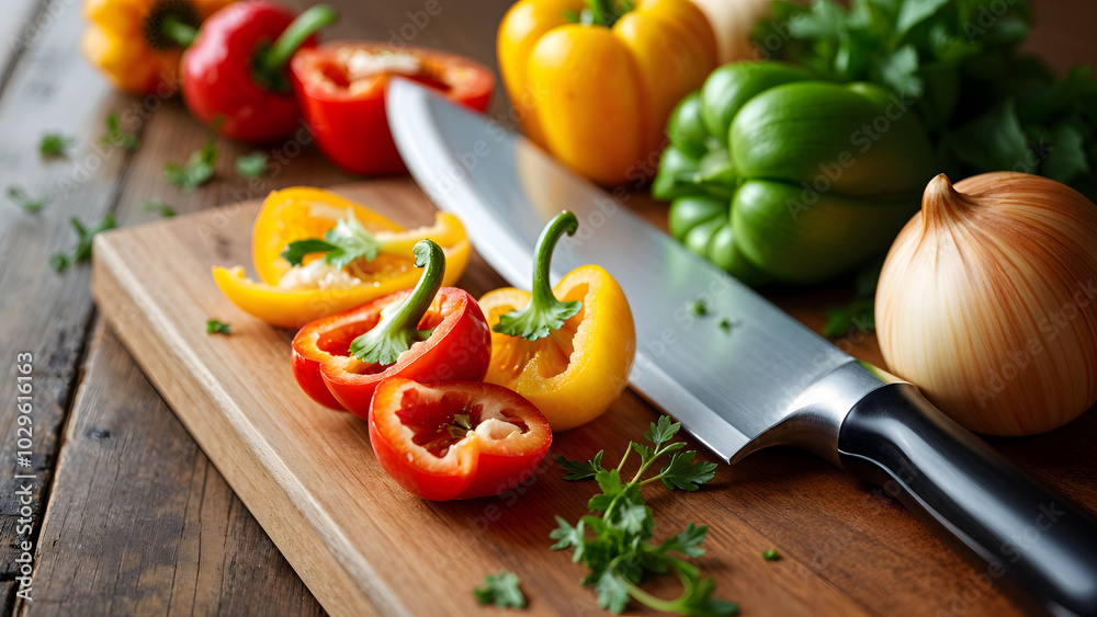 A high-quality chef’s knife resting beside freshly chopped bell peppers and onions on a cutting board, perfect for kitchen and culinary themes A high-quality chef’s knife resting beside freshly chopped bell peppers and onions on a cutting board, perfect for kitchen and culinary themes