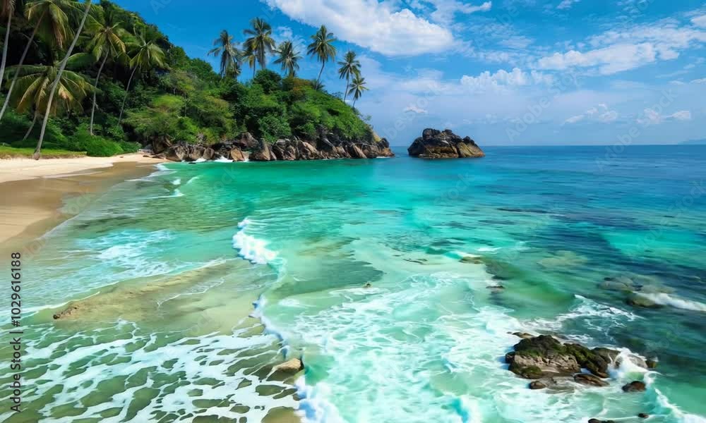 A serene beach scene with clear turquoise water, gentle waves, and palm trees under a bright blue sky. A serene beach scene with clear turquoise water, gentle waves, and palm trees under a bright blue sky.