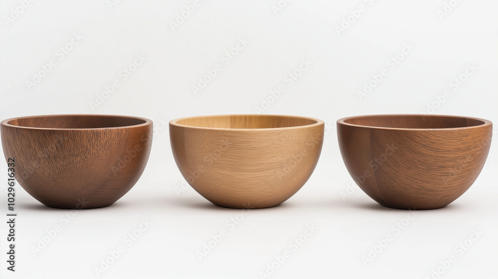 a front view of three wooden bowls placed upright and spaced equally in the center of a white background a front view of three wooden bowls placed upright and spaced equally in the center of a white background