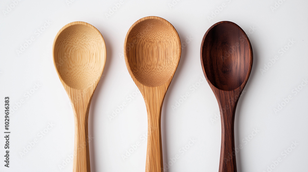a front view of three wooden spoons placed upright and spaced equally in the center of a white background a front view of three wooden spoons placed upright and spaced equally in the center of a white background