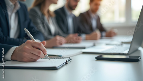 A professional scene featuring a businessperson taking notes with their right hand during a meeting, perfect for business and corporate environments