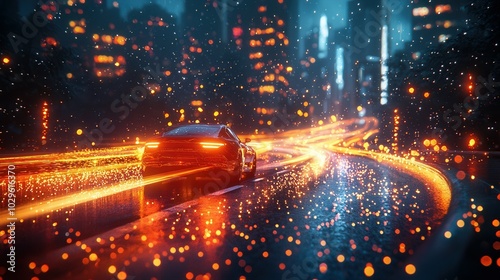 A sleek black car speeds through a vibrant, rain-soaked cityscape, illuminated by glimmering lights and reflections, showcasing a dynamic urban nightlife. photo