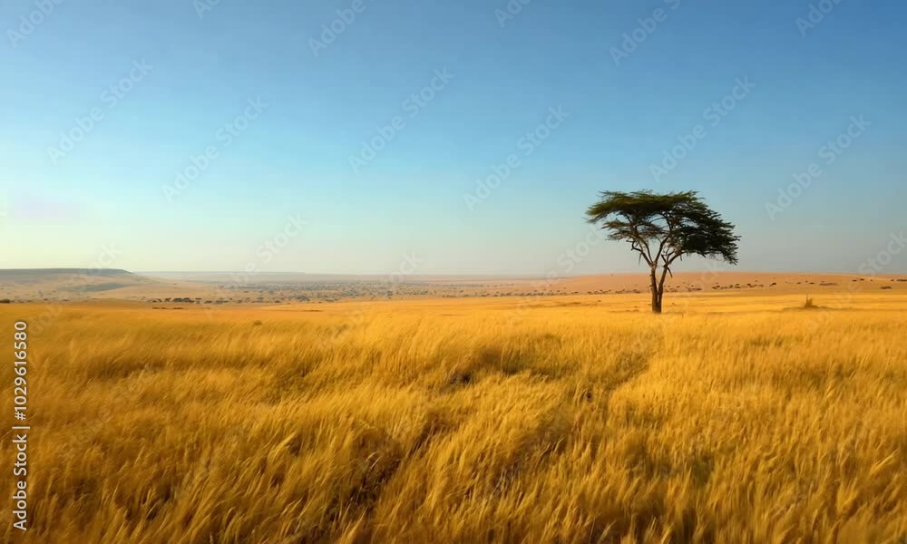 A serene landscape featuring golden grasslands and a solitary tree under a clear blue sky. A serene landscape featuring golden grasslands and a solitary tree under a clear blue sky.