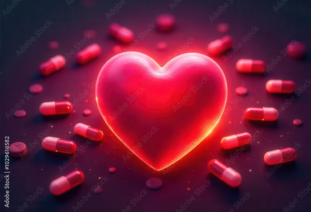 Heart Surrounded by Red Pills Symbolizing Health and Medicine Heart Surrounded by Red Pills Symbolizing Health and Medicine