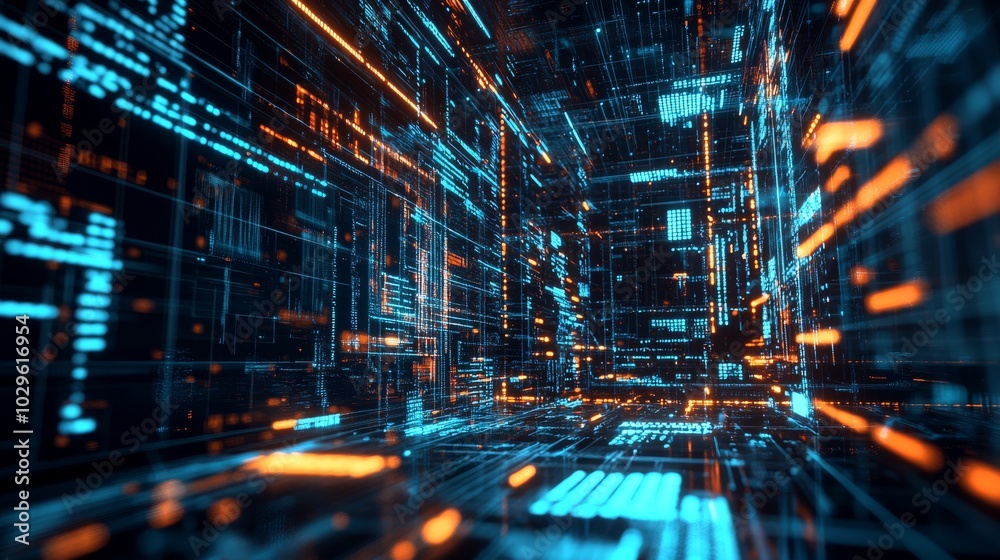 AI Algorithms Visualizing Data in Real-Time. Glowing Digital Code Flow. AI Algorithms Visualizing Data in Real-Time. Glowing Digital Code Flow.