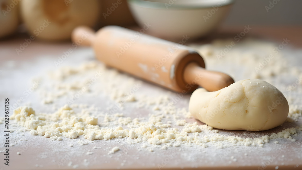 A wooden rolling pin resting on a floured kitchen counter with a dough ball beside it, perfect for rustic baking scenes A wooden rolling pin resting on a floured kitchen counter with a dough ball beside it, perfect for rustic baking scenes