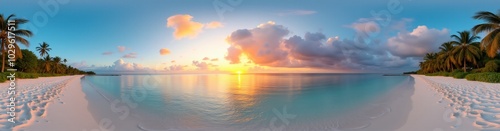 360 degree Tropical Beach at Sunset, 360 degree photo. HDRI spherical panorama.