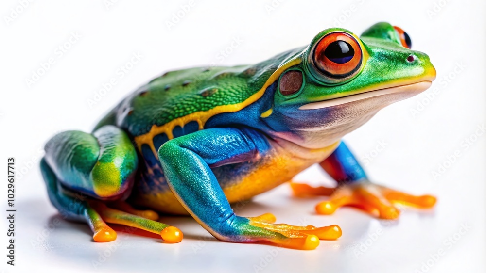 Obraz premium Vibrant Multicolored Frog on a Pure White Background for Wildlife Enthusiasts
