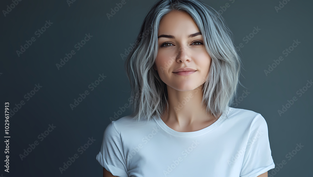Portrait of a beautiful woman with gray hair wearing a white T-shirt against a gray background Portrait of a beautiful woman with gray hair wearing a white T-shirt against a gray background