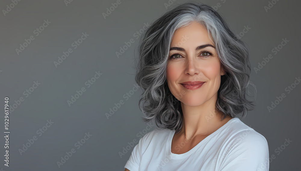 Portrait of a beautiful woman with gray hair wearing a white T-shirt against a gray background Portrait of a beautiful woman with gray hair wearing a white T-shirt against a gray background