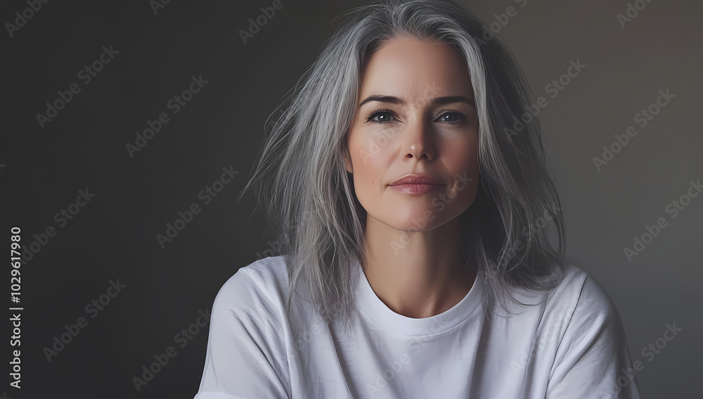 Portrait of a beautiful woman with gray hair wearing a white T-shirt against a gray background Portrait of a beautiful woman with gray hair wearing a white T-shirt against a gray background