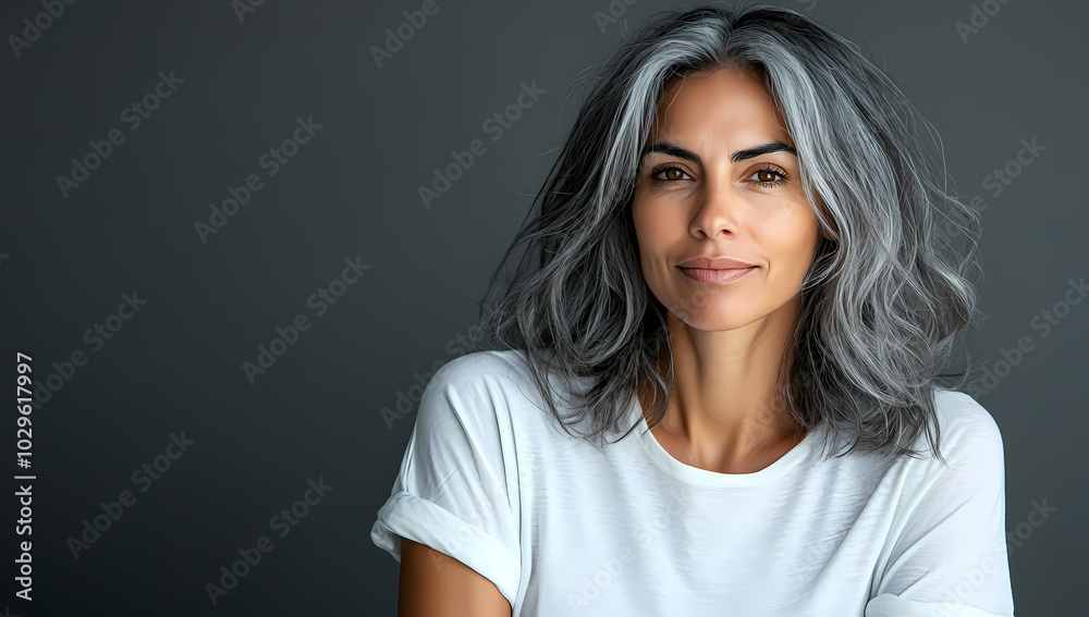 Portrait of a beautiful woman with gray hair wearing a white T-shirt against a gray background Portrait of a beautiful woman with gray hair wearing a white T-shirt against a gray background