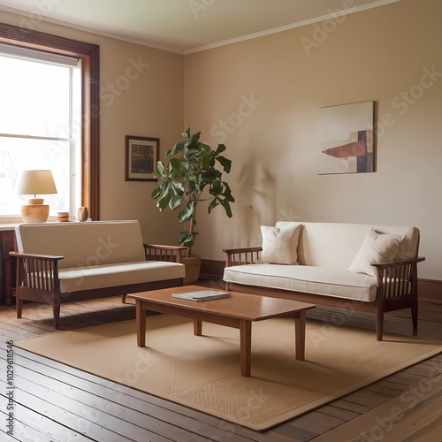 Stylish living room showcasing a beige sofa and a wooden coffee table on elegant wooden floors.generative ai