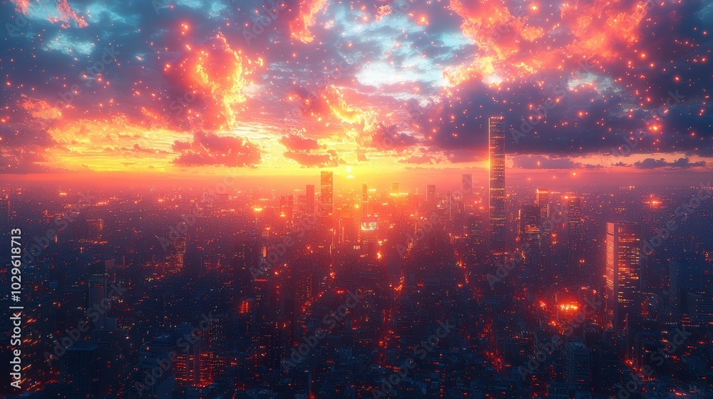 Fototapeta premium A stunning sunset illuminates a dense cityscape, casting vibrant colors across the sky and buildings, reflecting urban beauty.