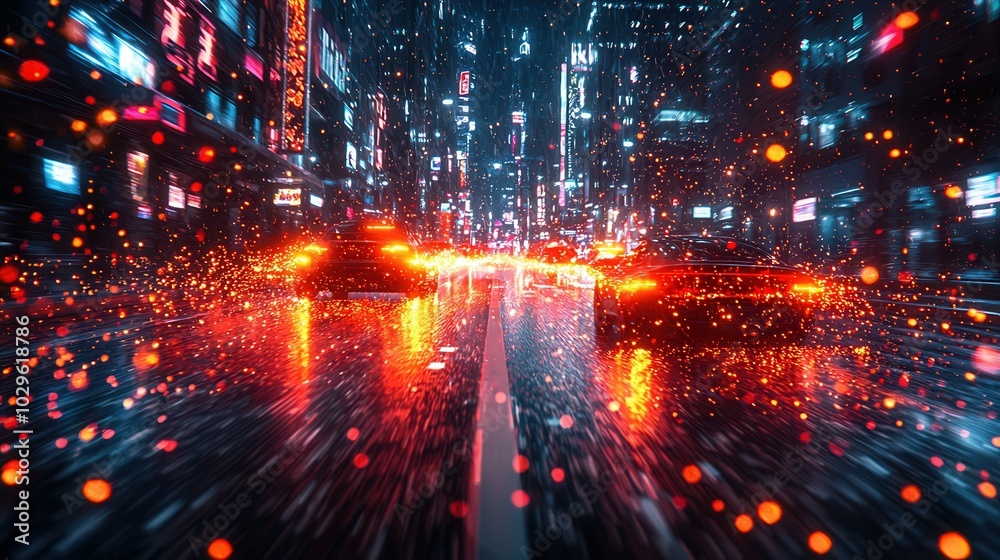 Fototapeta premium A vibrant city scene featuring glowing neon lights and traffic. The wet street reflects the colorful lights creating an eye-catching atmosphere.