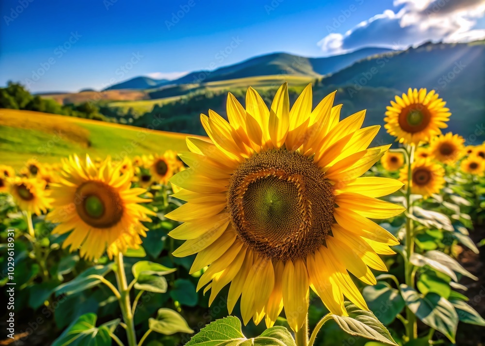Obraz premium Vibrant Sunflowers in a Lush Field - A Perfect Summer Landscape