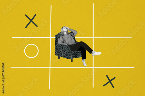 Composite collage picture image of old female relax chair tic tac toe game tired solve problem bizarre unusual fantasy billboard comics photo