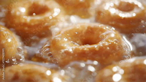 several donuts are frying in bubbling oil, with one donut in sharp focus amidst the golden, shimmering surface of the oil