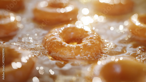several donuts are frying in bubbling oil, with one donut in sharp focus amidst the golden, shimmering surface of the oil