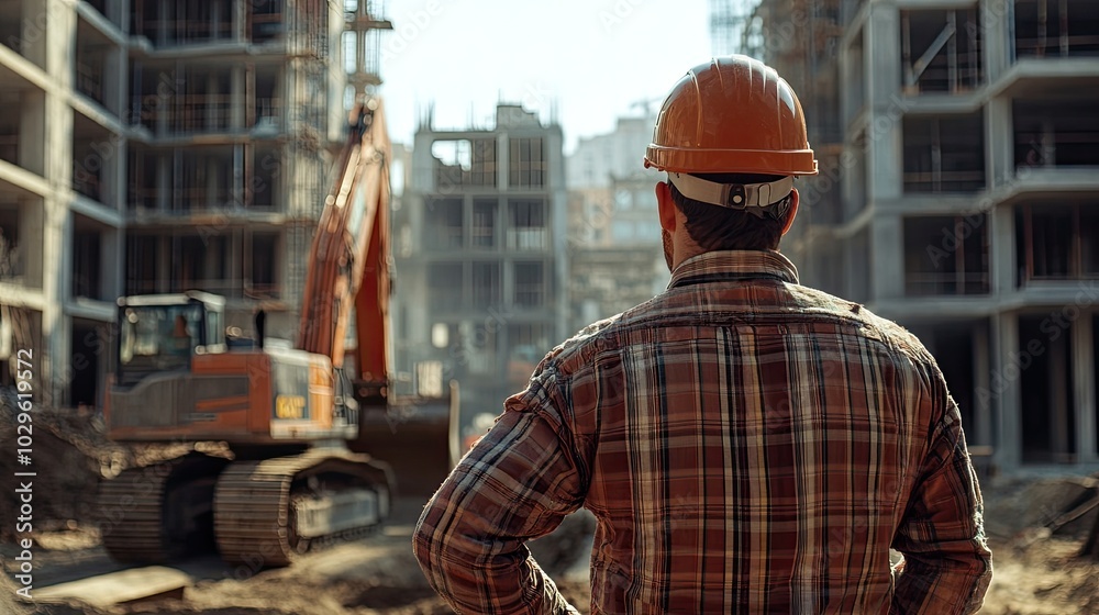 Construction worker looks at building. This image is suitable for blogs or articles related to construction, engineering, and architecture. Construction worker looks at building. This image is suitable for blogs or articles related to construction, engineering, and architecture.