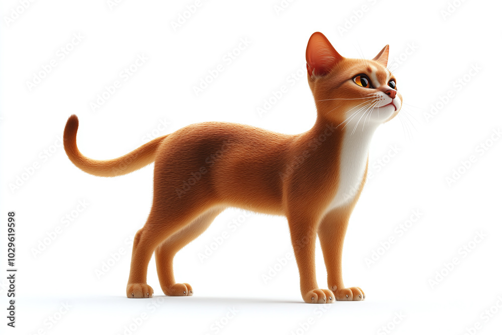 Cute Abyssinian Cat: An Abyssinian cat with its sleek, slender body standing alert against a white background. Cute Abyssinian Cat: An Abyssinian cat with its sleek, slender body standing alert against a white background.